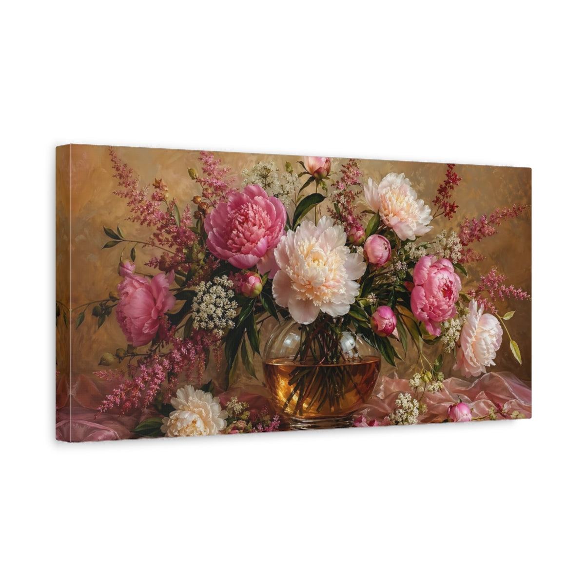 Side Mockup 3. Floral Peonies Pink And Gold shown as stretched canvas wall art