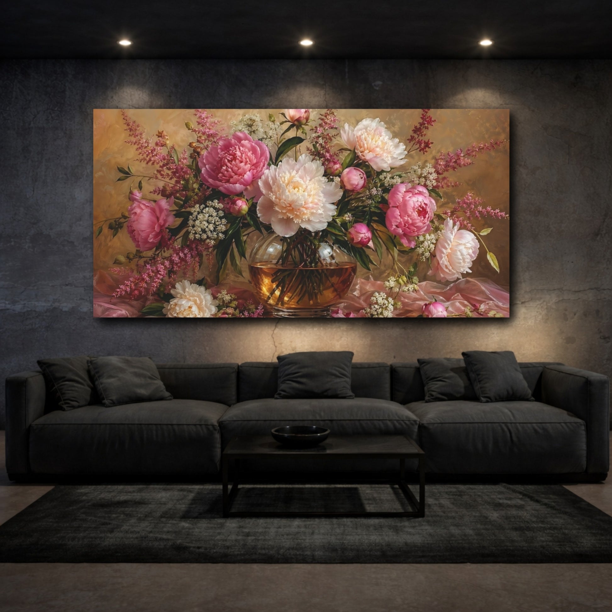 Mockup 2. Floral Peonies Pink And Gold shown as stretched canvas wall art