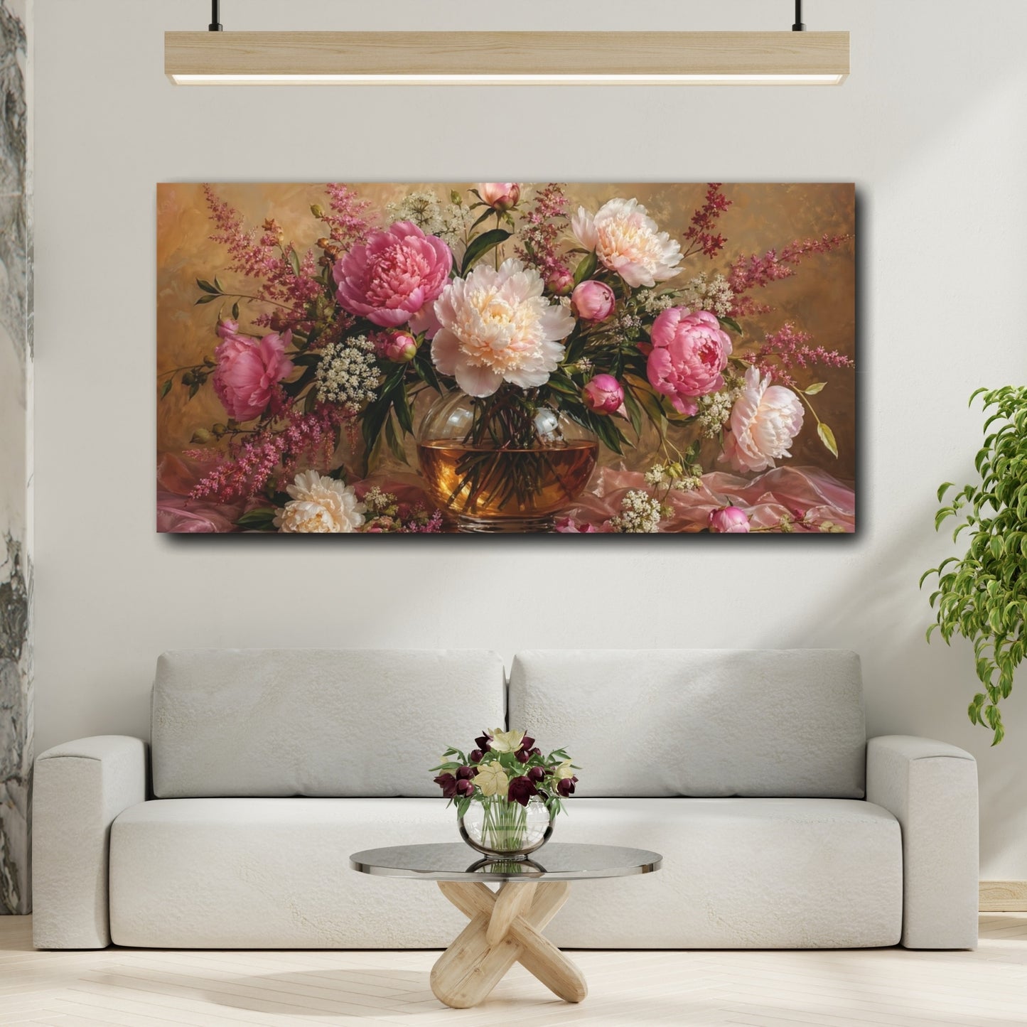 Mockup 3. Floral Peonies Pink And Gold shown as stretched canvas wall art