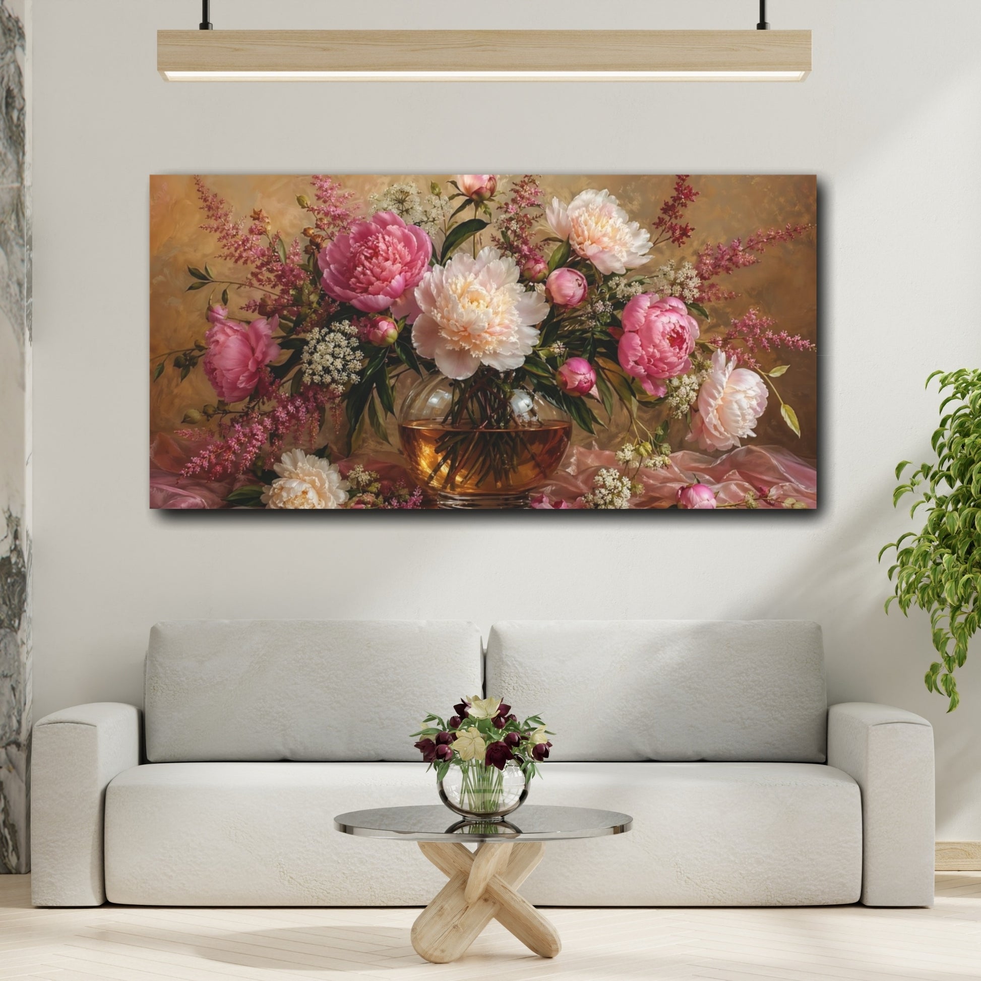 Mockup 3. Floral Peonies Pink And Gold shown as stretched canvas wall art