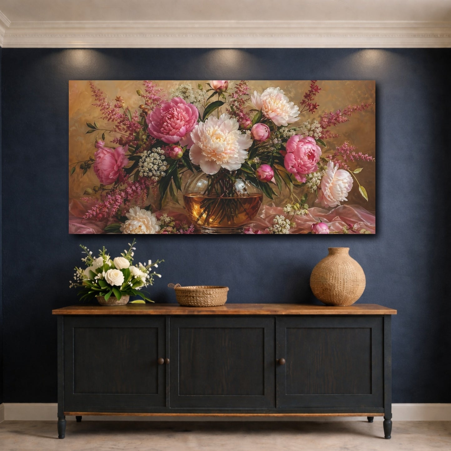 Mockup 4. Floral Peonies Pink And Gold shown as stretched canvas wall art