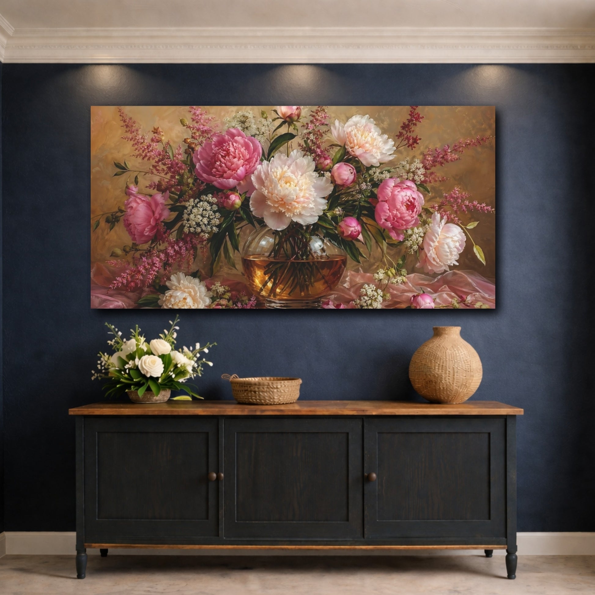 Mockup 4. Floral Peonies Pink And Gold shown as stretched canvas wall art