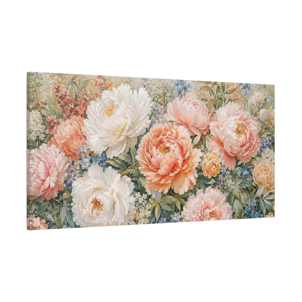 Side Mockup 2. Floral Peonies Pink And Peach Floral shown as stretched canvas wall art