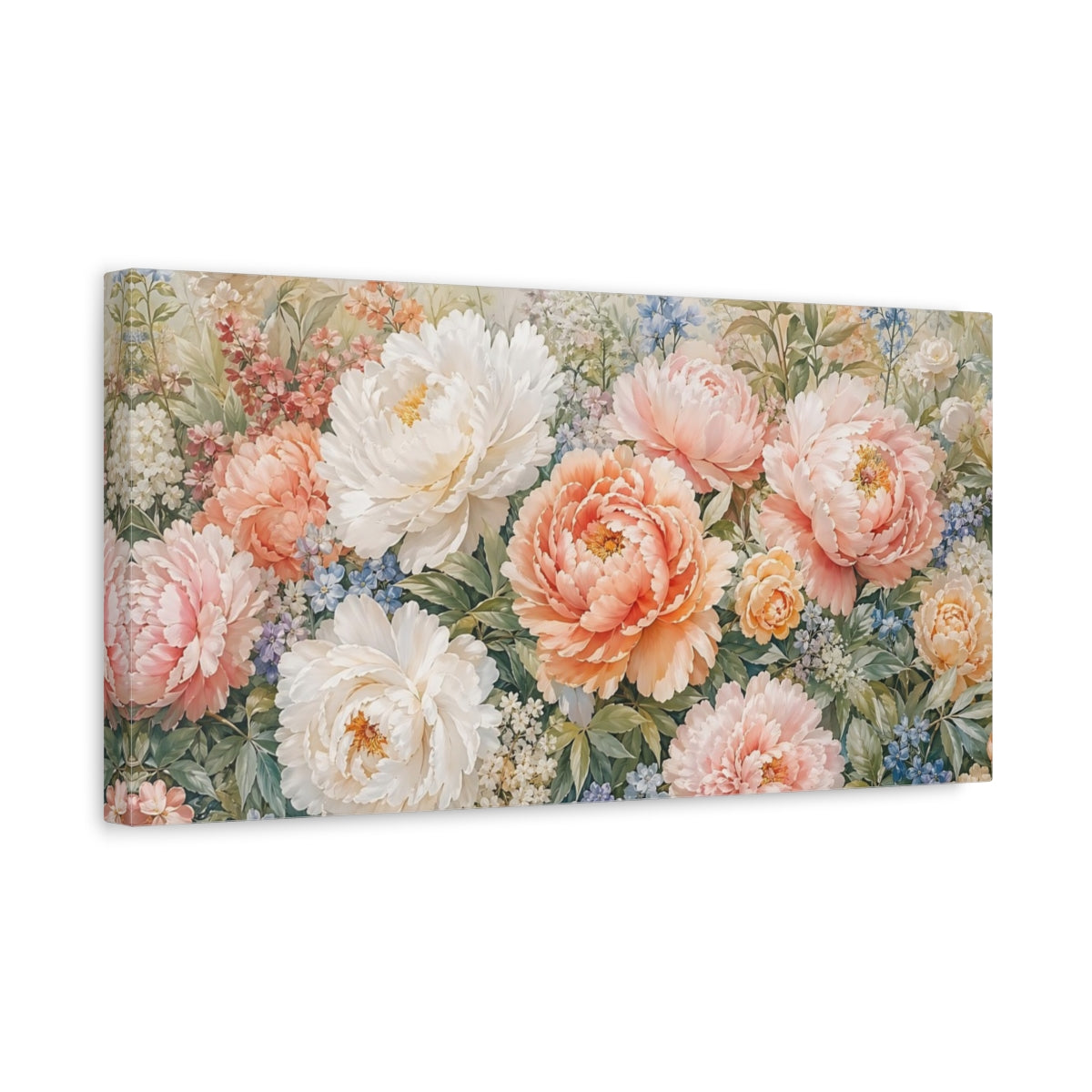 Side Mockup 3. Floral Peonies Pink And Peach Floral shown as stretched canvas wall art