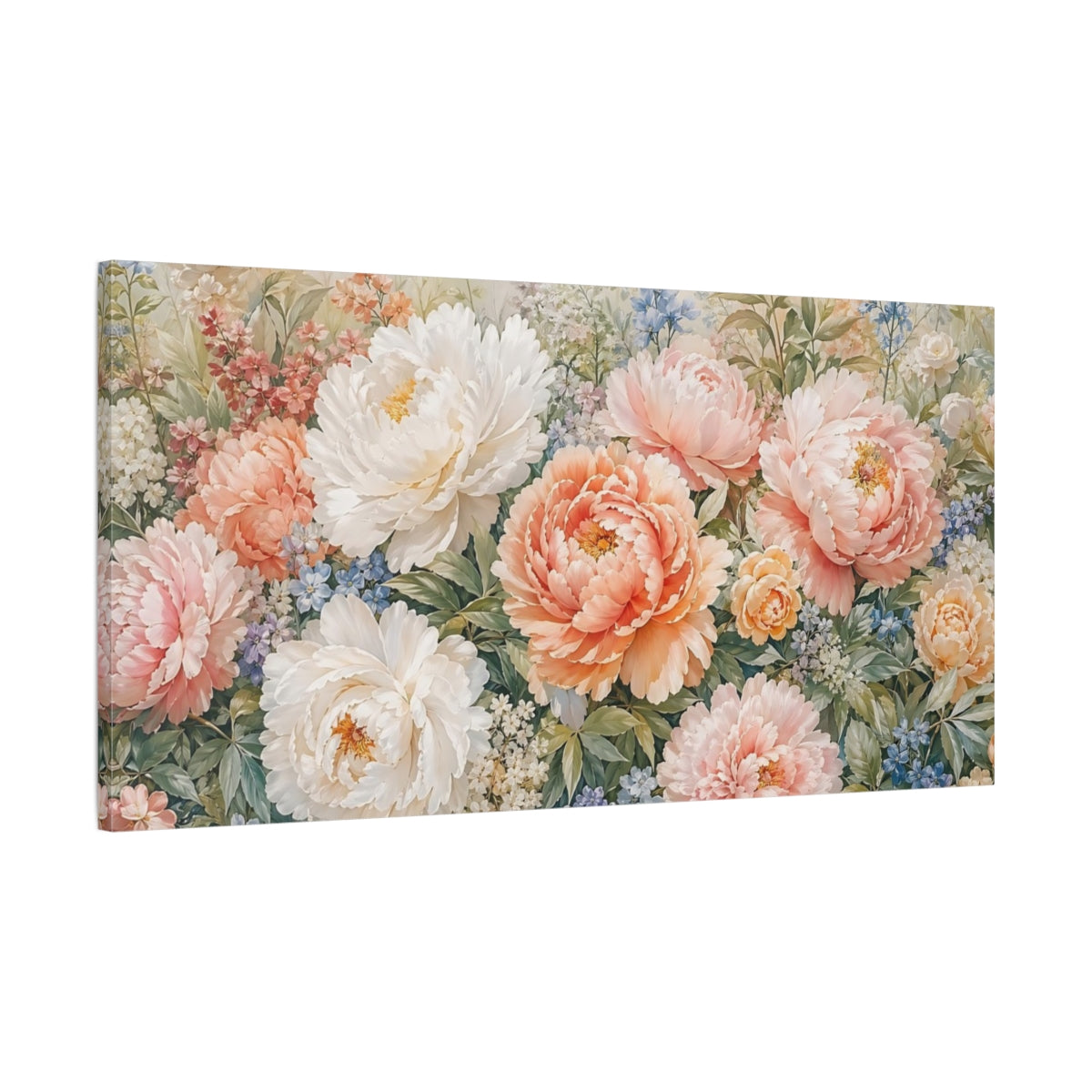 Main Mockup. Floral Peonies Pink And Peach Floral shown as stretched canvas wall art