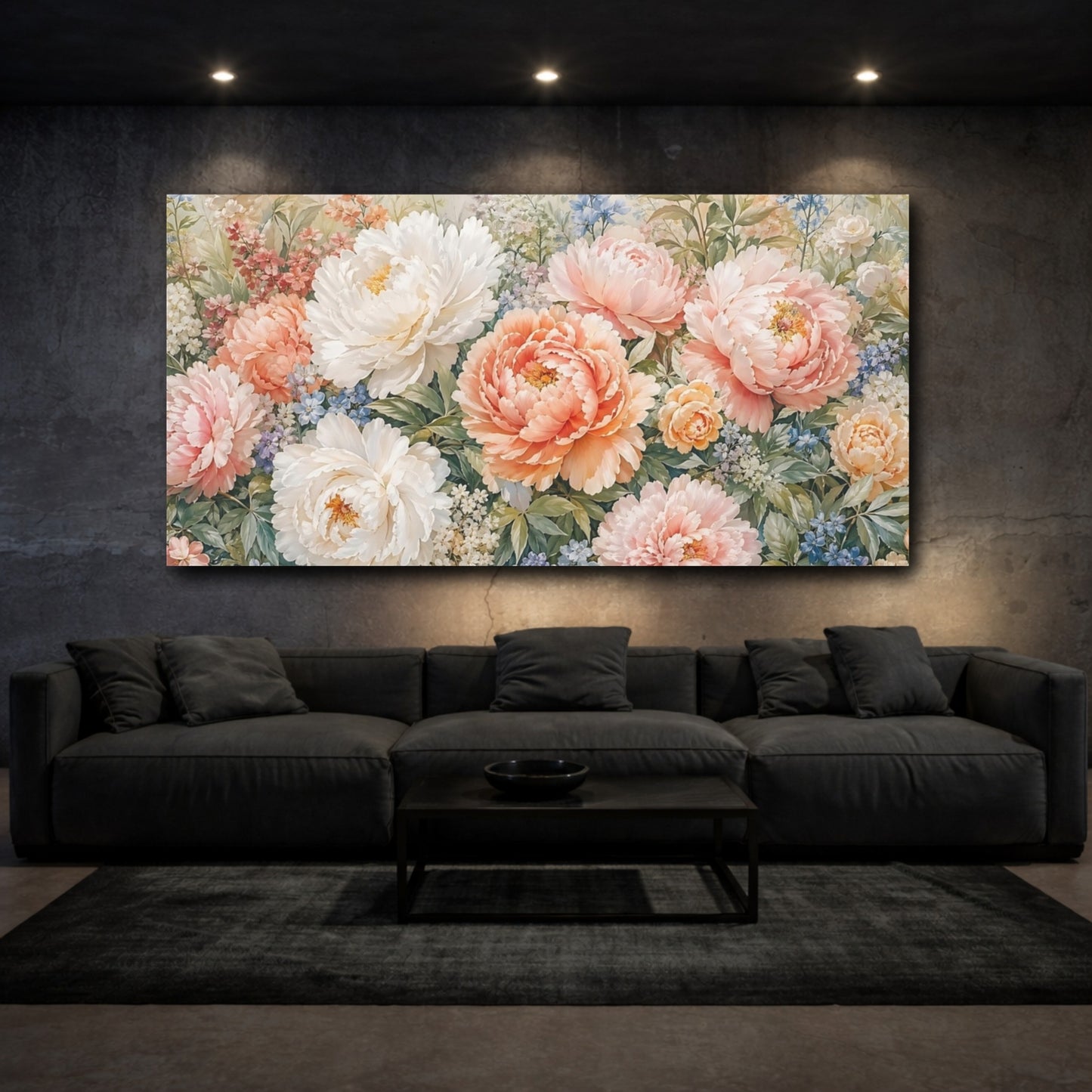 Mockup 2. Floral Peonies Pink And Peach Floral shown as stretched canvas wall art