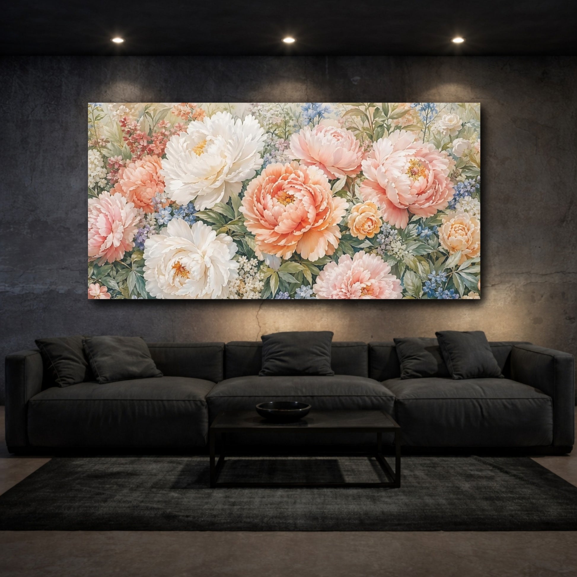 Mockup 2. Floral Peonies Pink And Peach Floral shown as stretched canvas wall art