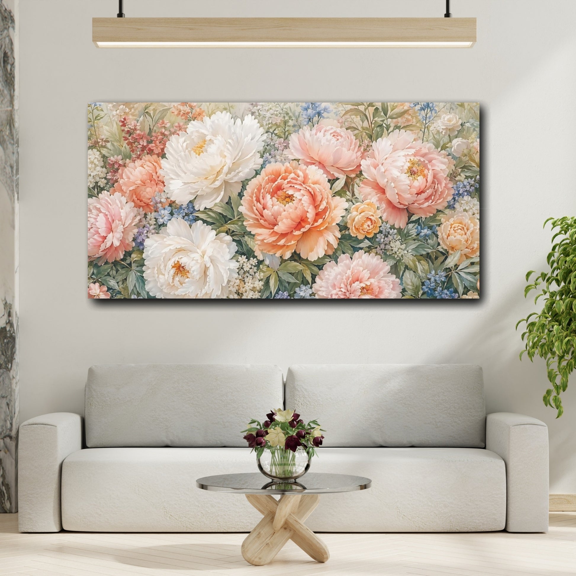 Mockup 3. Floral Peonies Pink And Peach Floral shown as stretched canvas wall art
