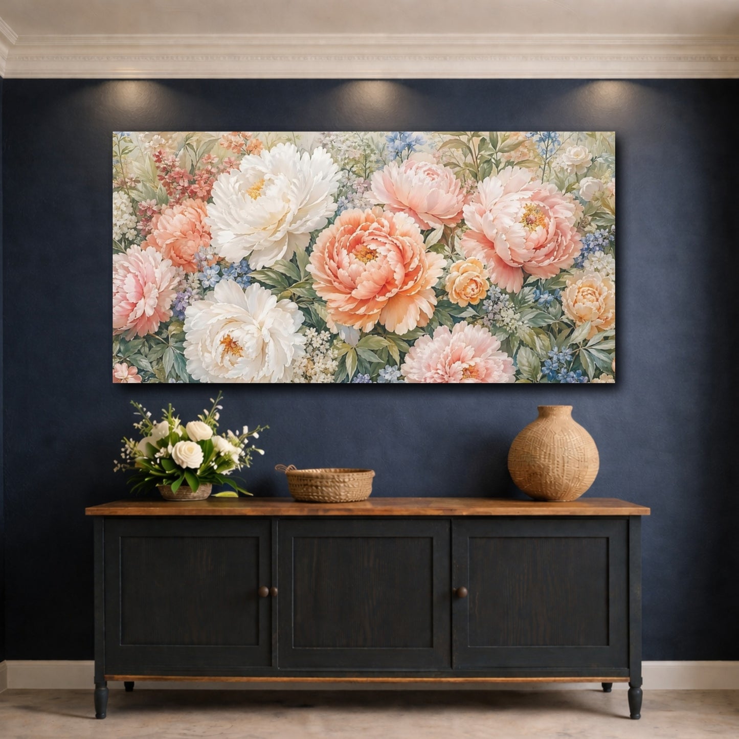 Mockup 4. Floral Peonies Pink And Peach Floral shown as stretched canvas wall art