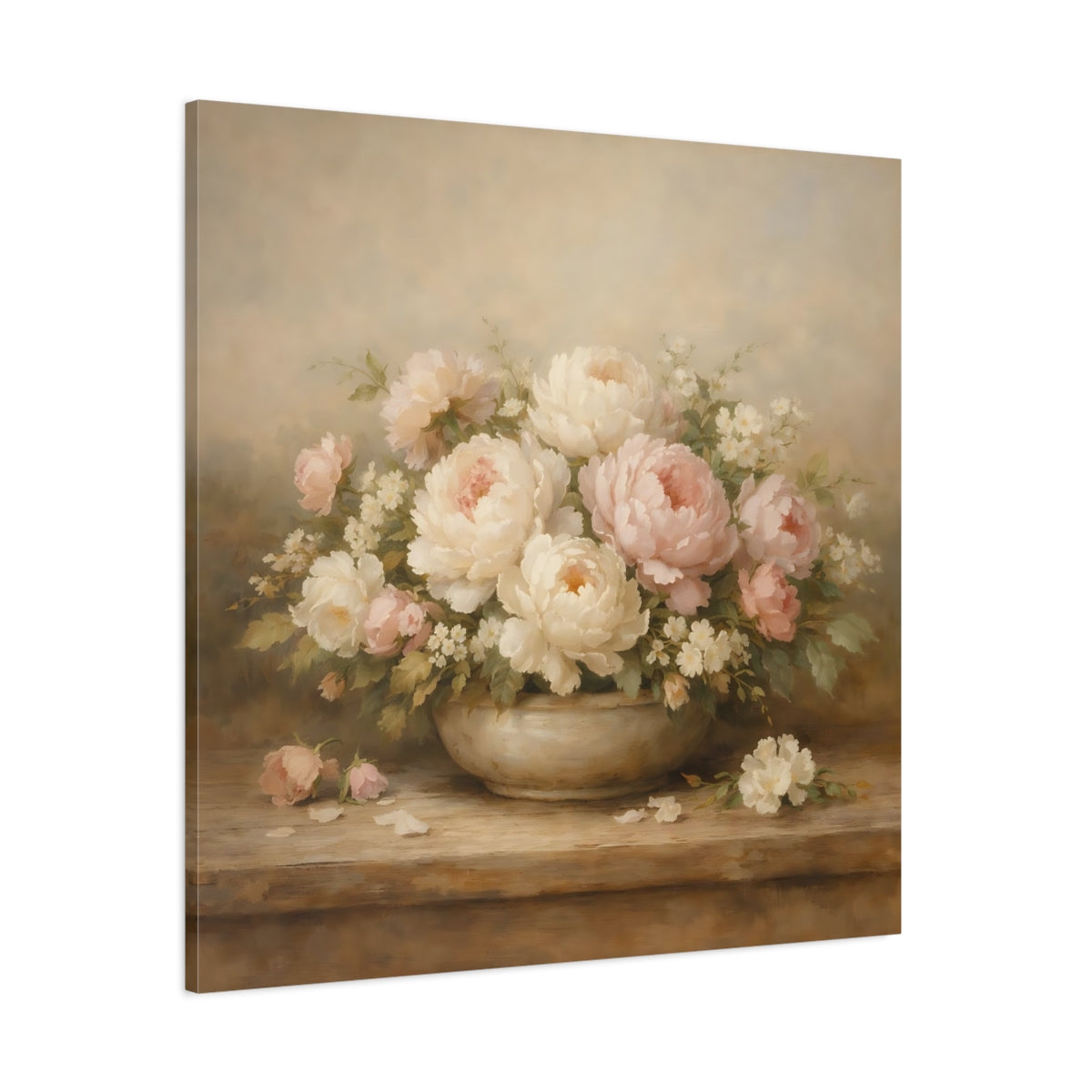 Main Mockup. Floral Peonies Pink And White Flowers shown as stretched canvas wall art