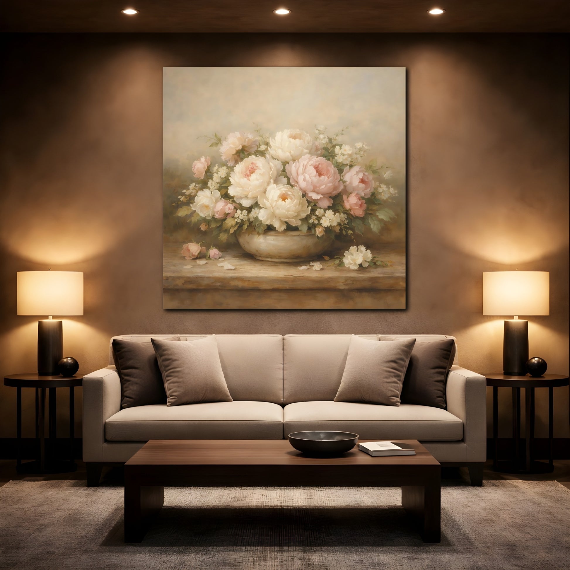 Mockup 2. Floral Peonies Pink And White Flowers shown as stretched canvas wall art