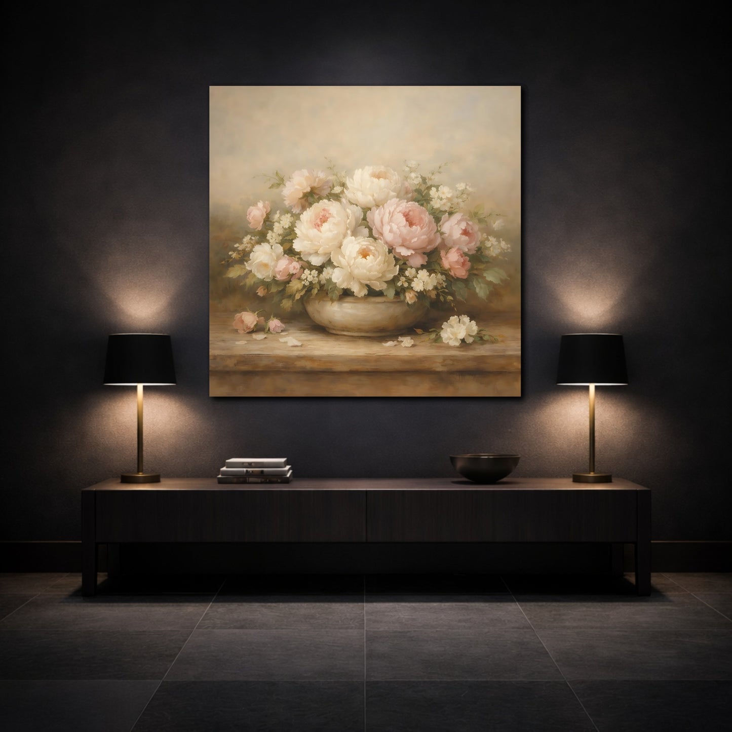 Mockup 3. Floral Peonies Pink And White Flowers shown as stretched canvas wall art