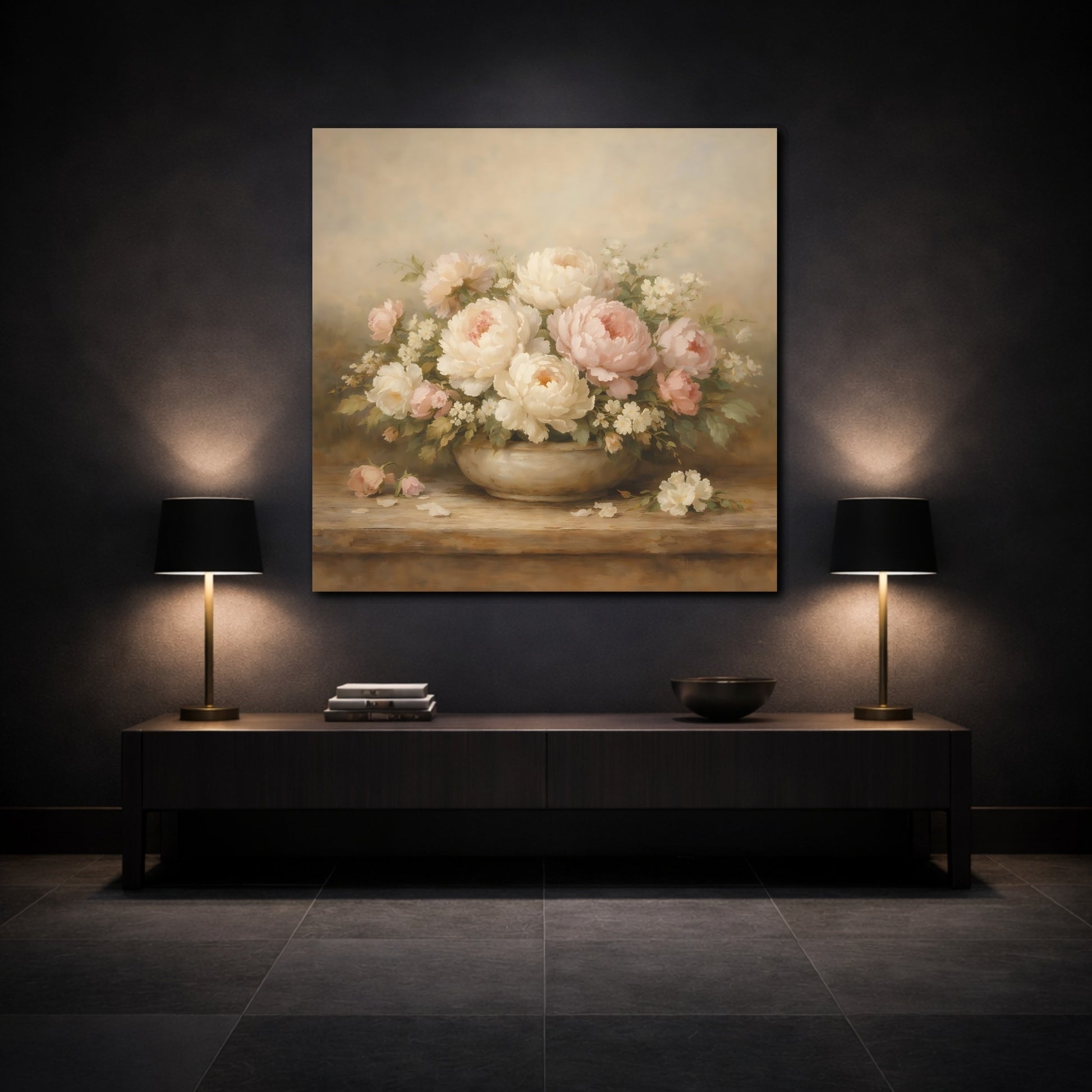 Mockup 3. Floral Peonies Pink And White Flowers shown as stretched canvas wall art