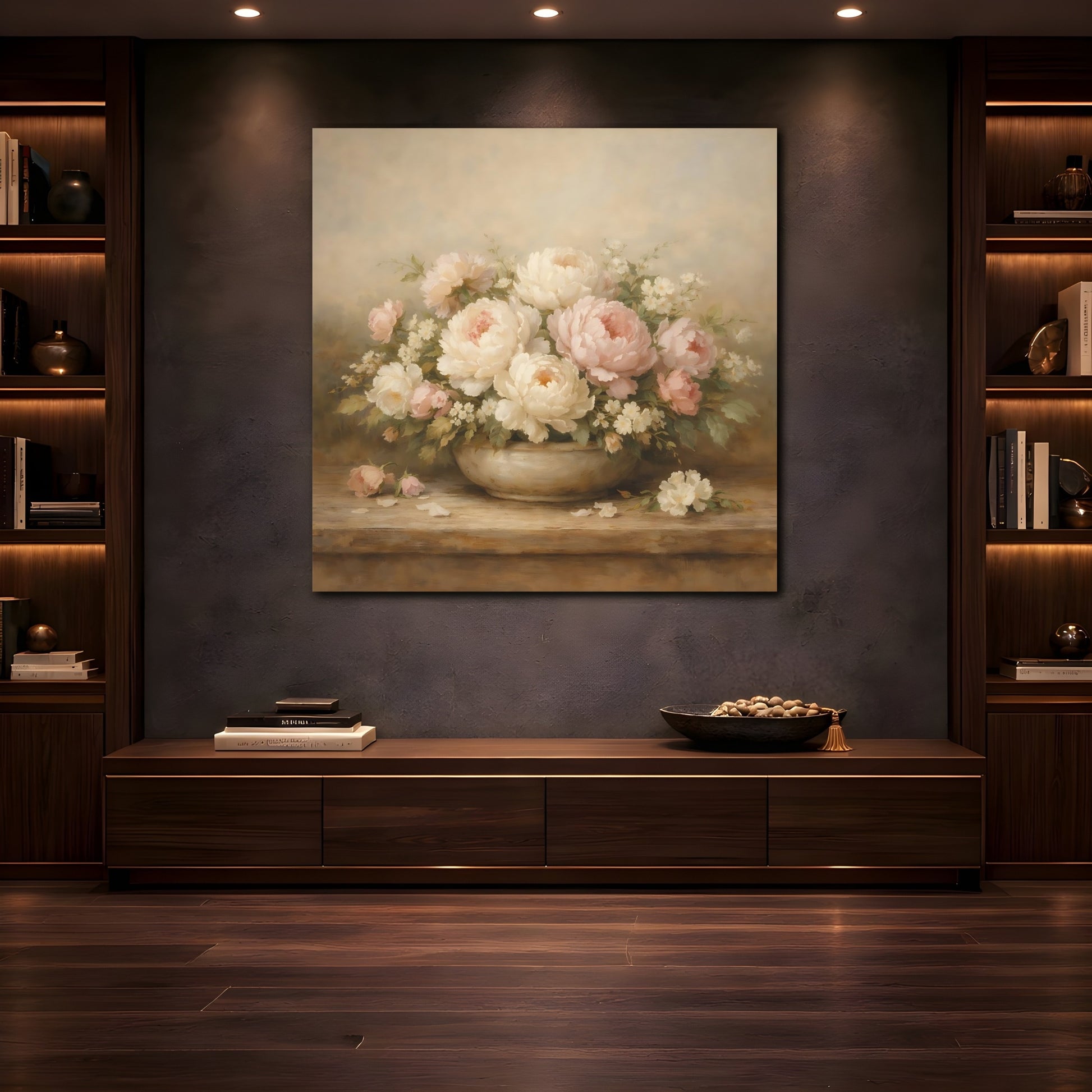 Mockup 4. Floral Peonies Pink And White Flowers shown as stretched canvas wall art