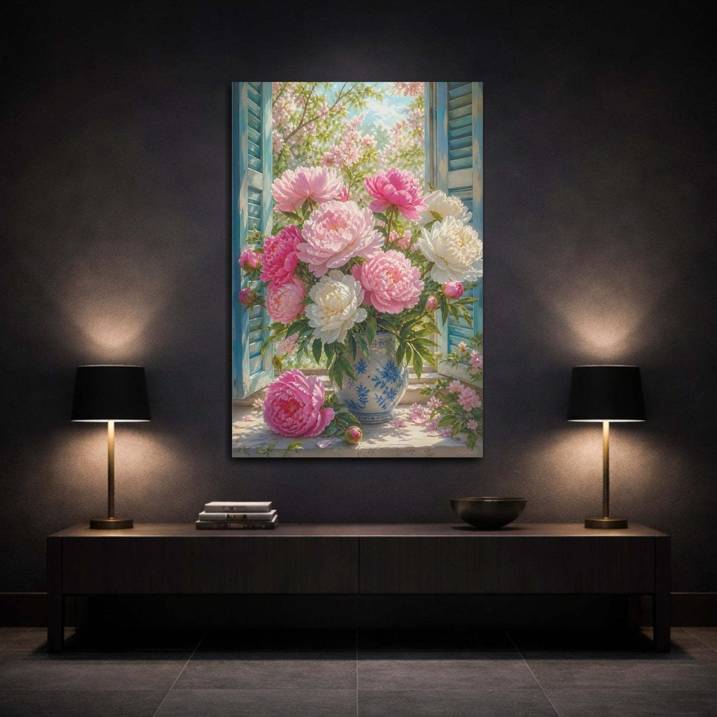 Floral Peonies Pink Canvas Print – Living Room, Above Fireplace - YesArtYes