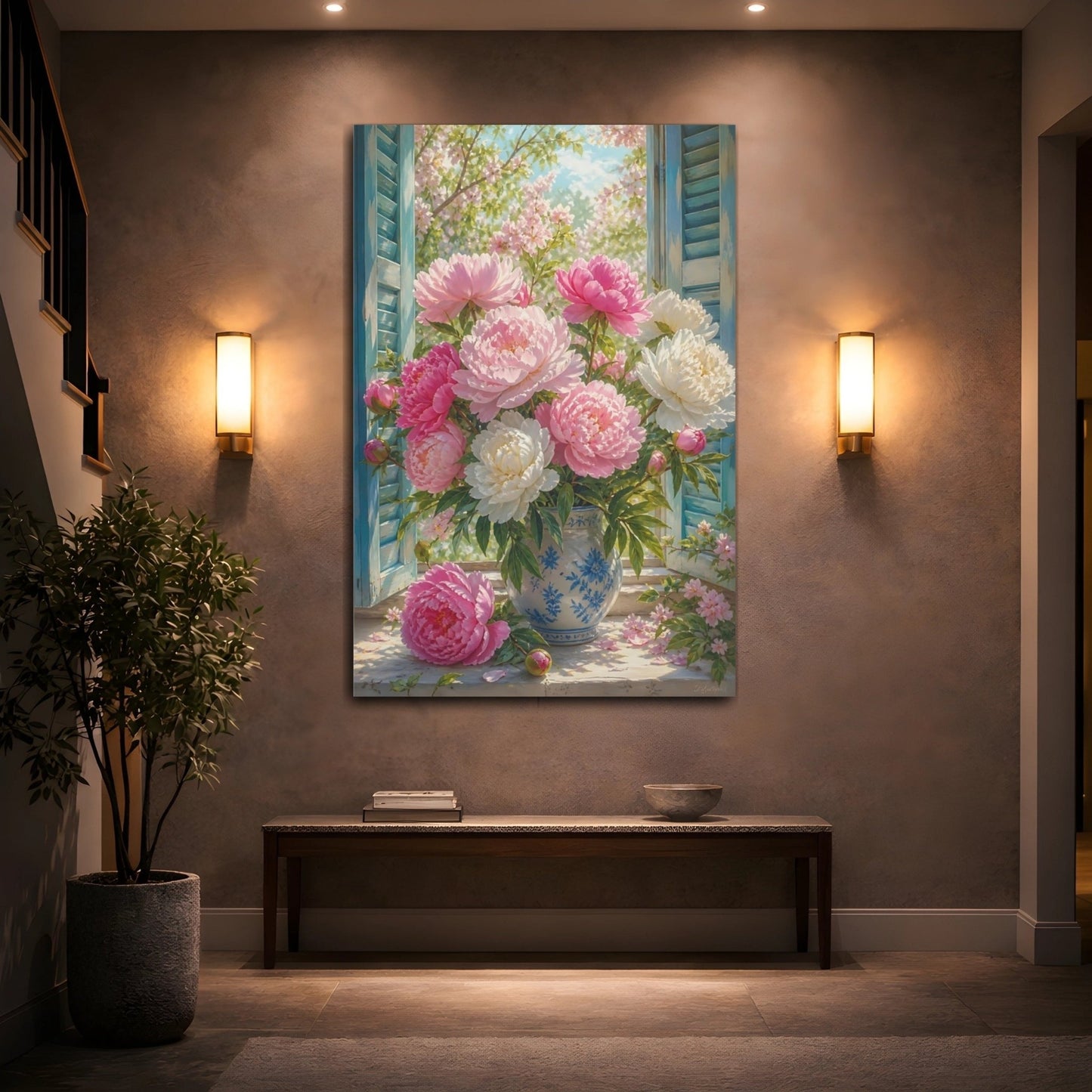 Floral Peonies Pink Canvas Print – Living Room, Above Fireplace - YesArtYes