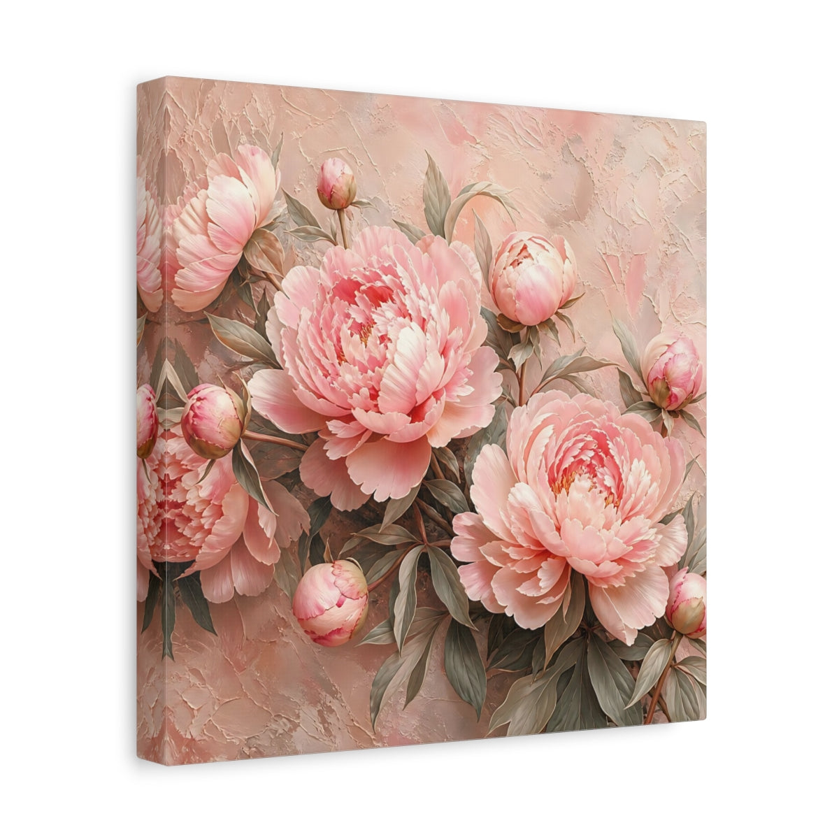 Side Mockup 8. Floral Peonies Pink Peonies shown as stretched canvas wall art