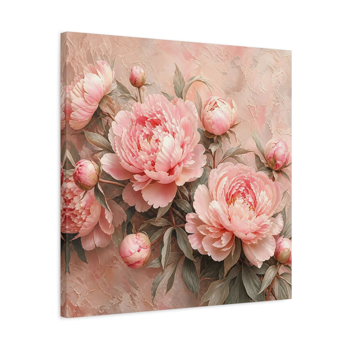 Side Mockup 4. Floral Peonies Pink Peonies shown as stretched canvas wall art