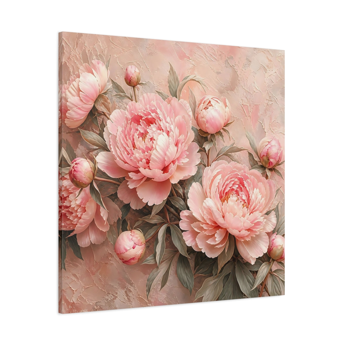 Side Mockup 1. Floral Peonies Pink Peonies shown as stretched canvas wall art