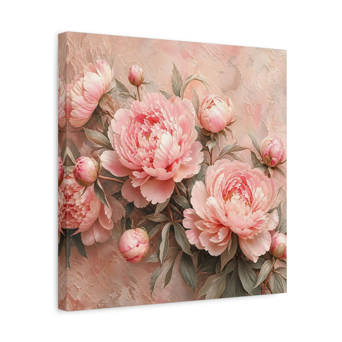 Side Mockup 6. Floral Peonies Pink Peonies shown as stretched canvas wall art