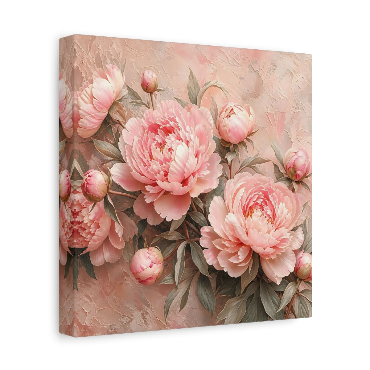 Side Mockup 9. Floral Peonies Pink Peonies shown as stretched canvas wall art