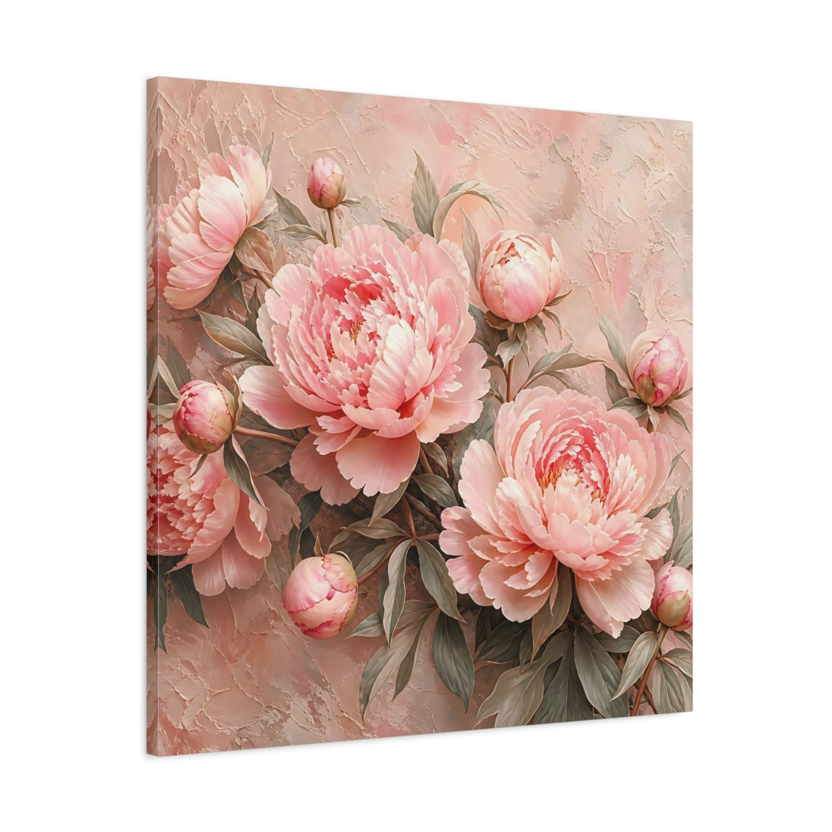 Side Mockup 3. Floral Peonies Pink Peonies shown as stretched canvas wall art