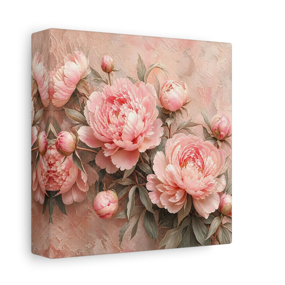 Side Mockup 2. Floral Peonies Pink Peonies shown as stretched canvas wall art