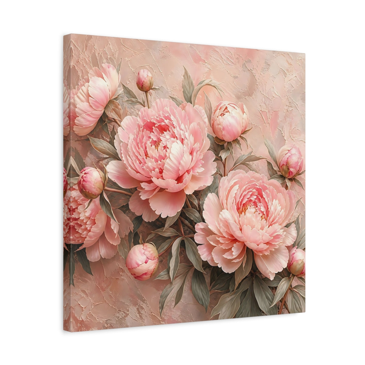 Side Mockup 5. Floral Peonies Pink Peonies shown as stretched canvas wall art