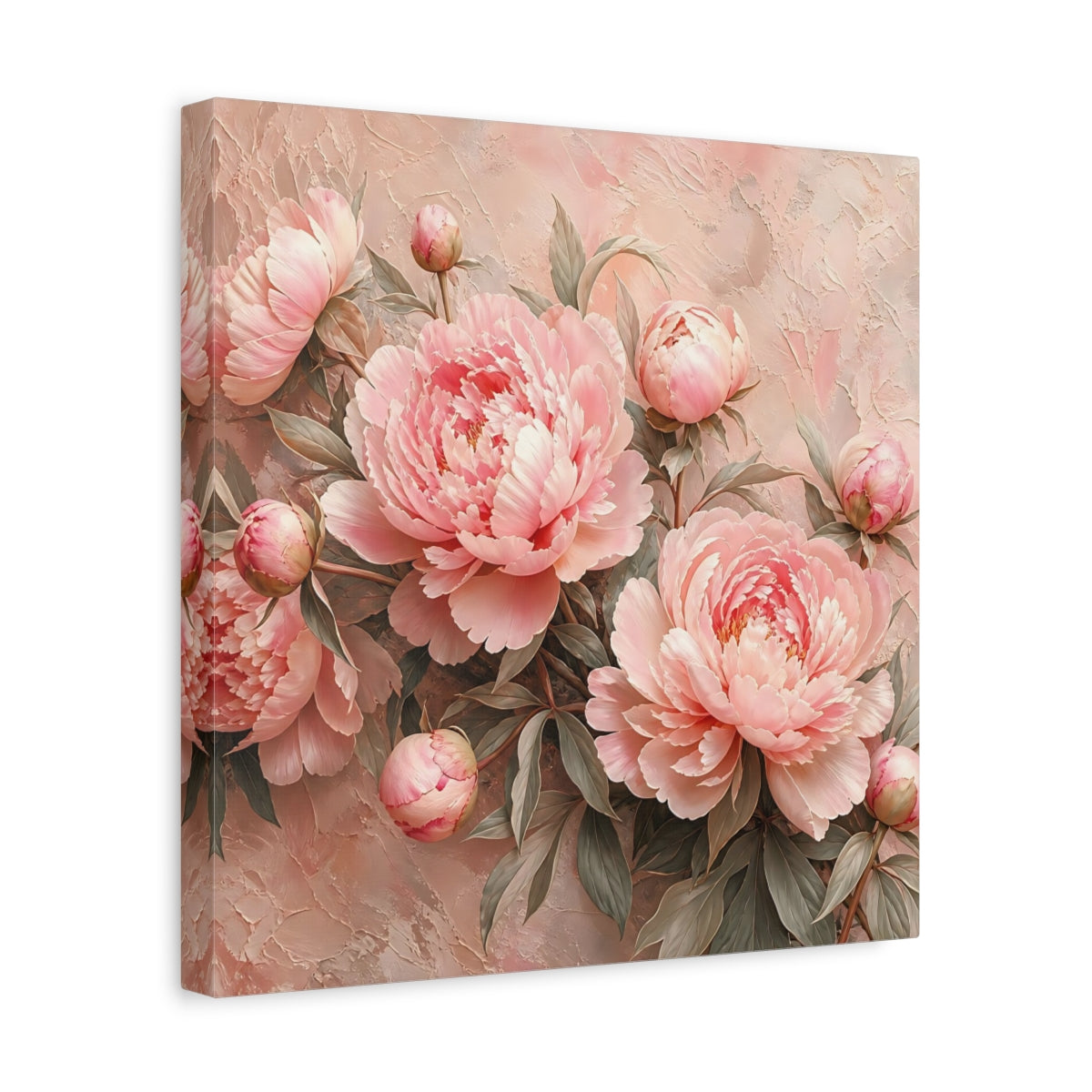 Side Mockup 7. Floral Peonies Pink Peonies shown as stretched canvas wall art