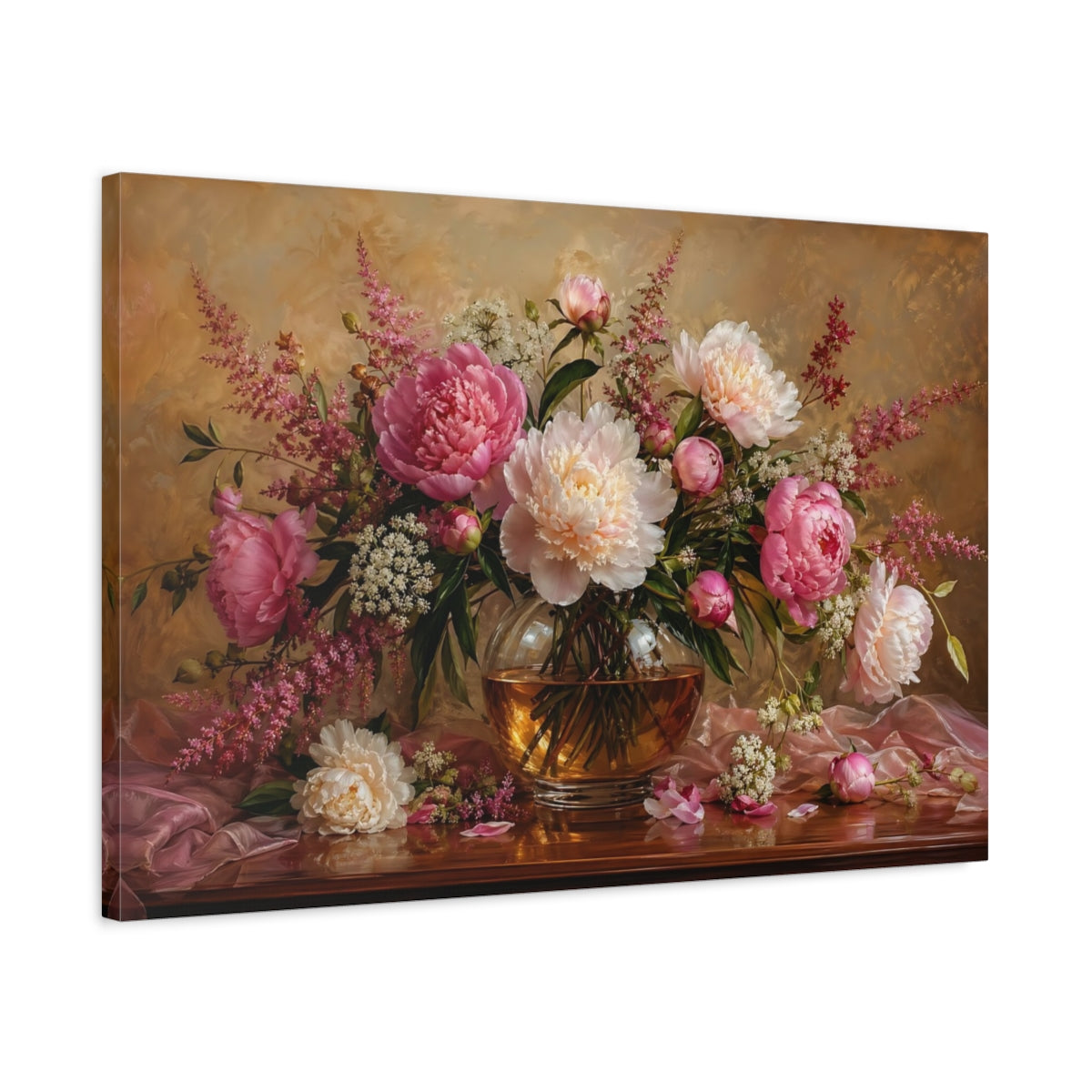 Side Mockup 2. Floral Peonies Pink Peonies shown as stretched canvas wall art