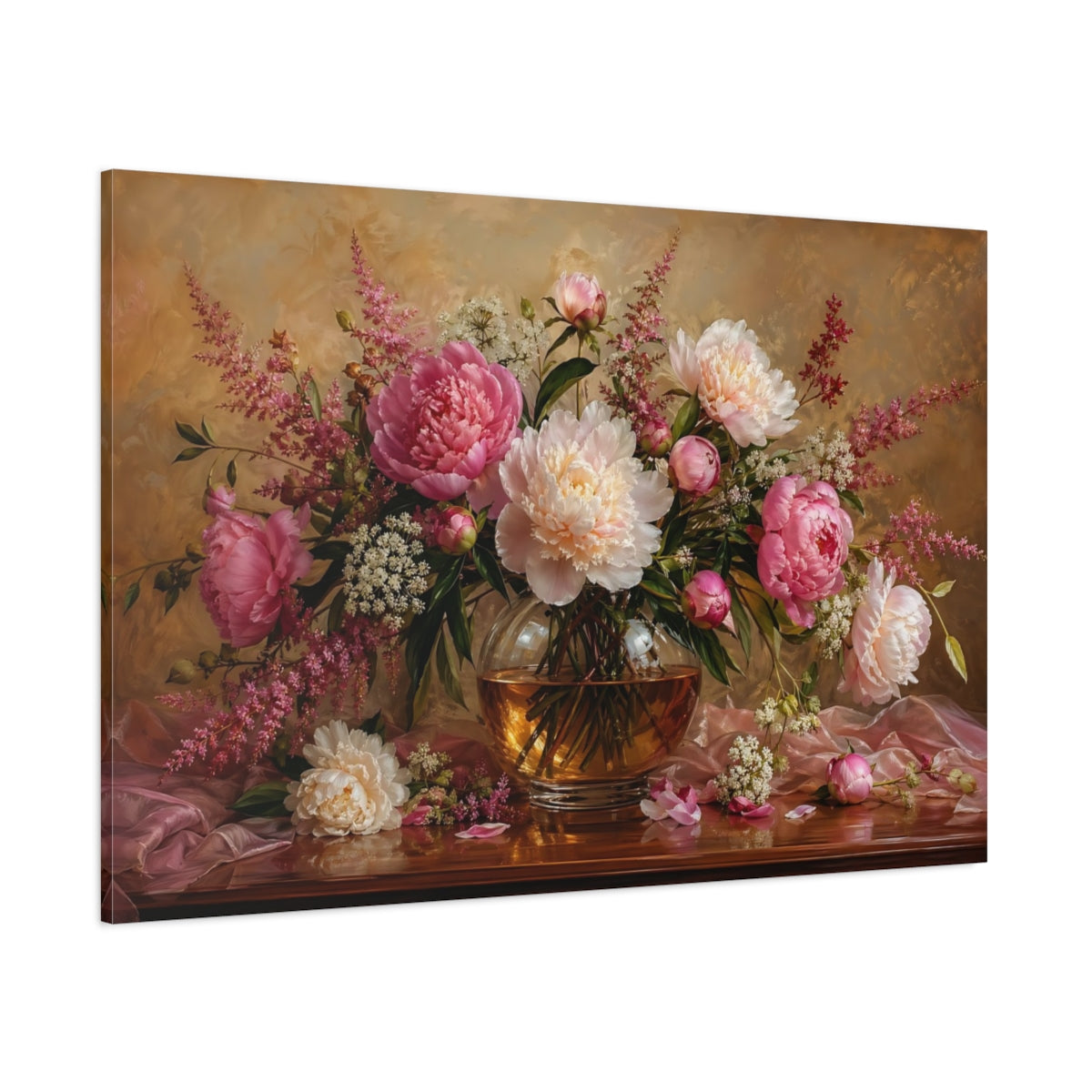 Side Mockup 1. Floral Peonies Pink Peonies shown as stretched canvas wall art