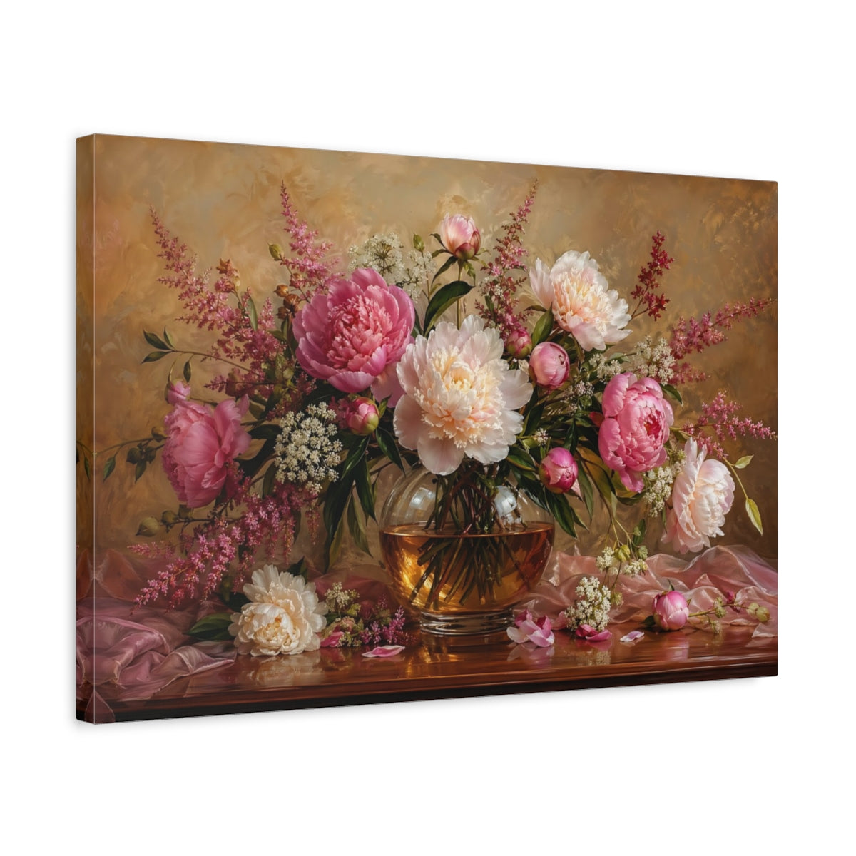Side Mockup 3. Floral Peonies Pink Peonies shown as stretched canvas wall art