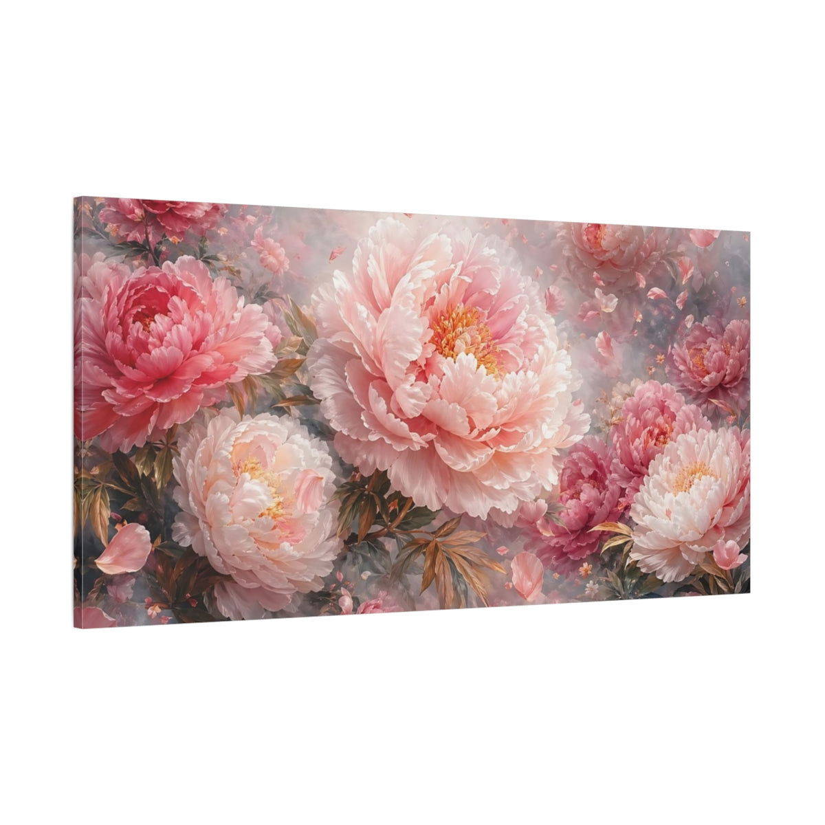 Side Mockup 2. Floral Peonies Pink Peonies shown as stretched canvas wall art