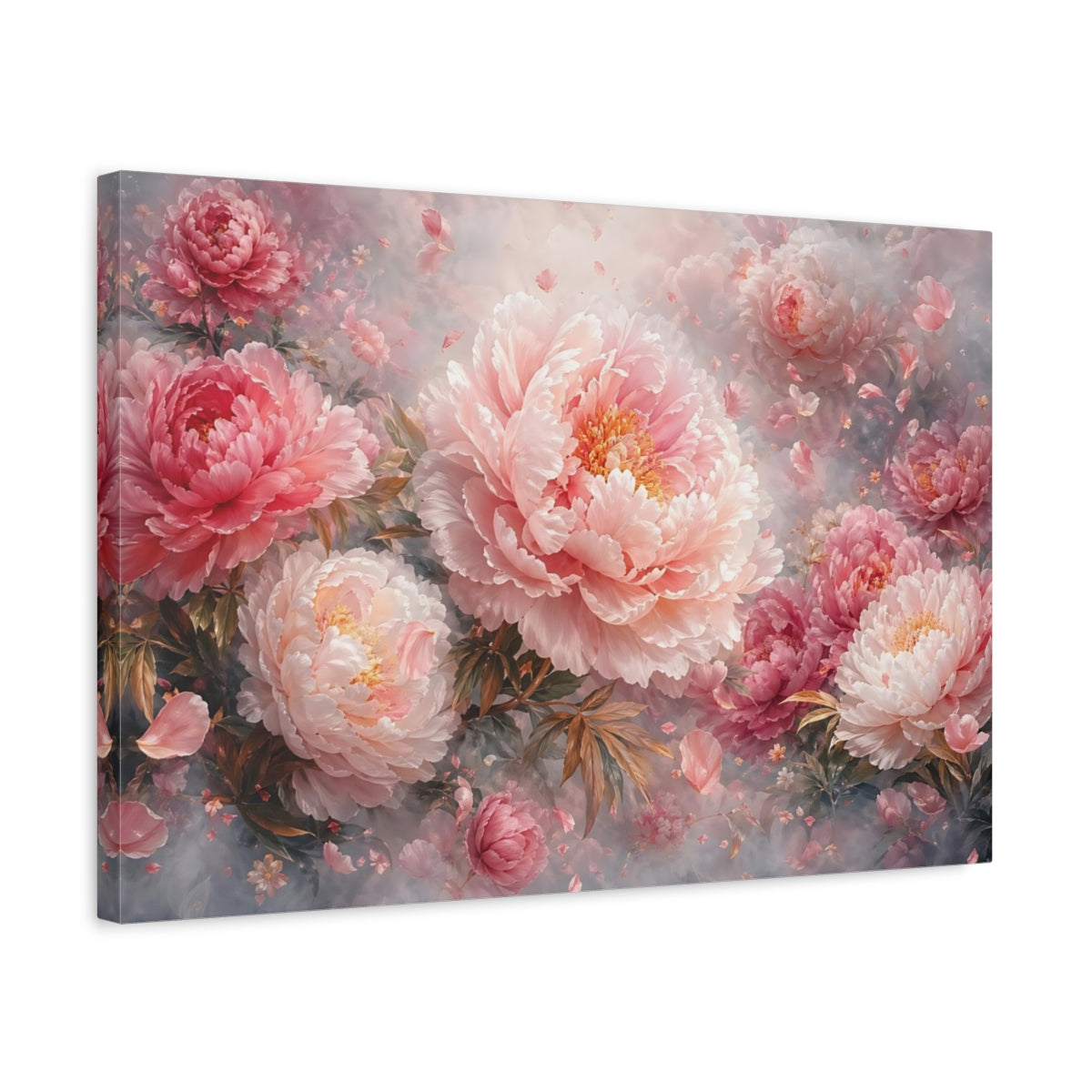 Side Mockup 3. Floral Peonies Pink Peonies shown as stretched canvas wall art