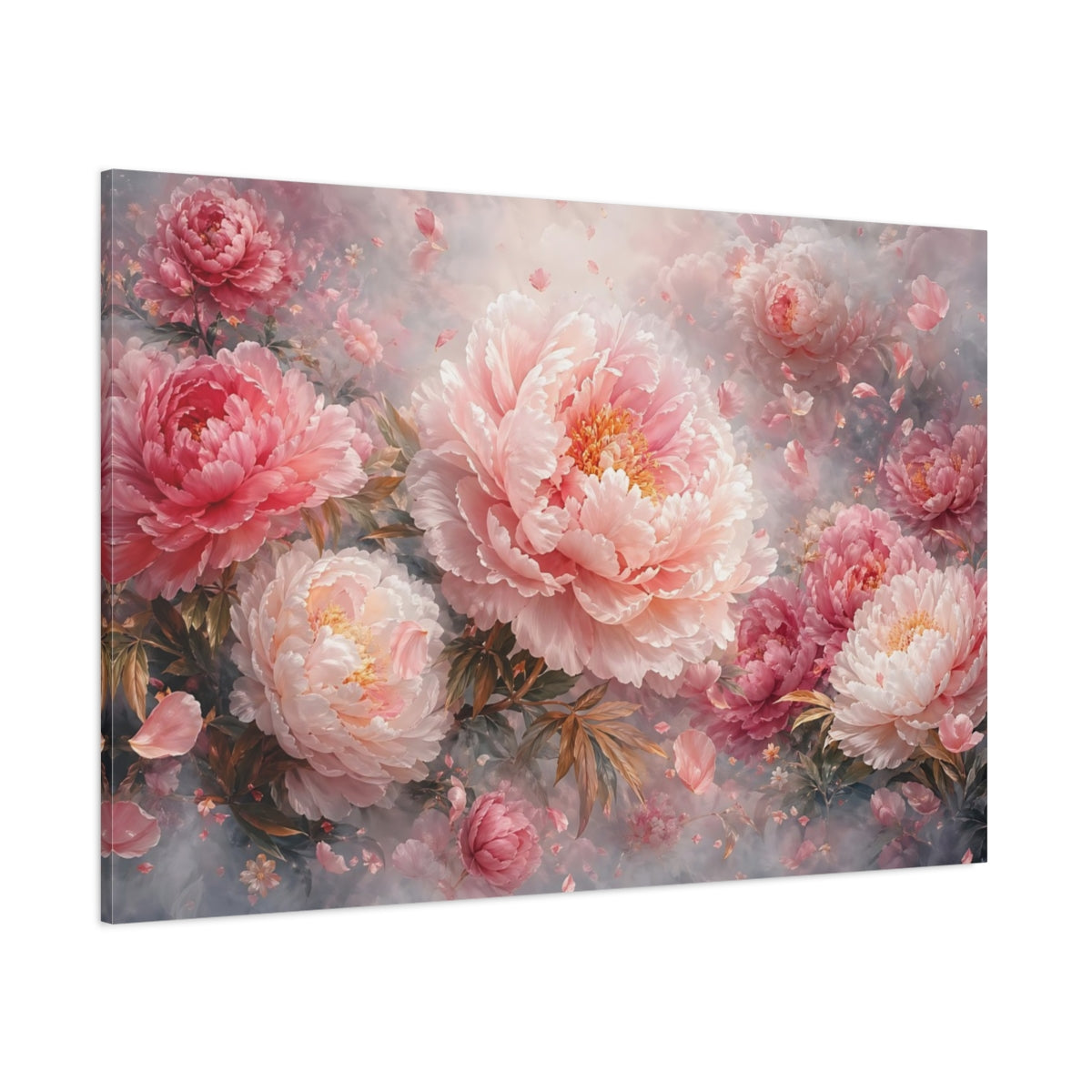 Side Mockup 1. Floral Peonies Pink Peonies shown as stretched canvas wall art