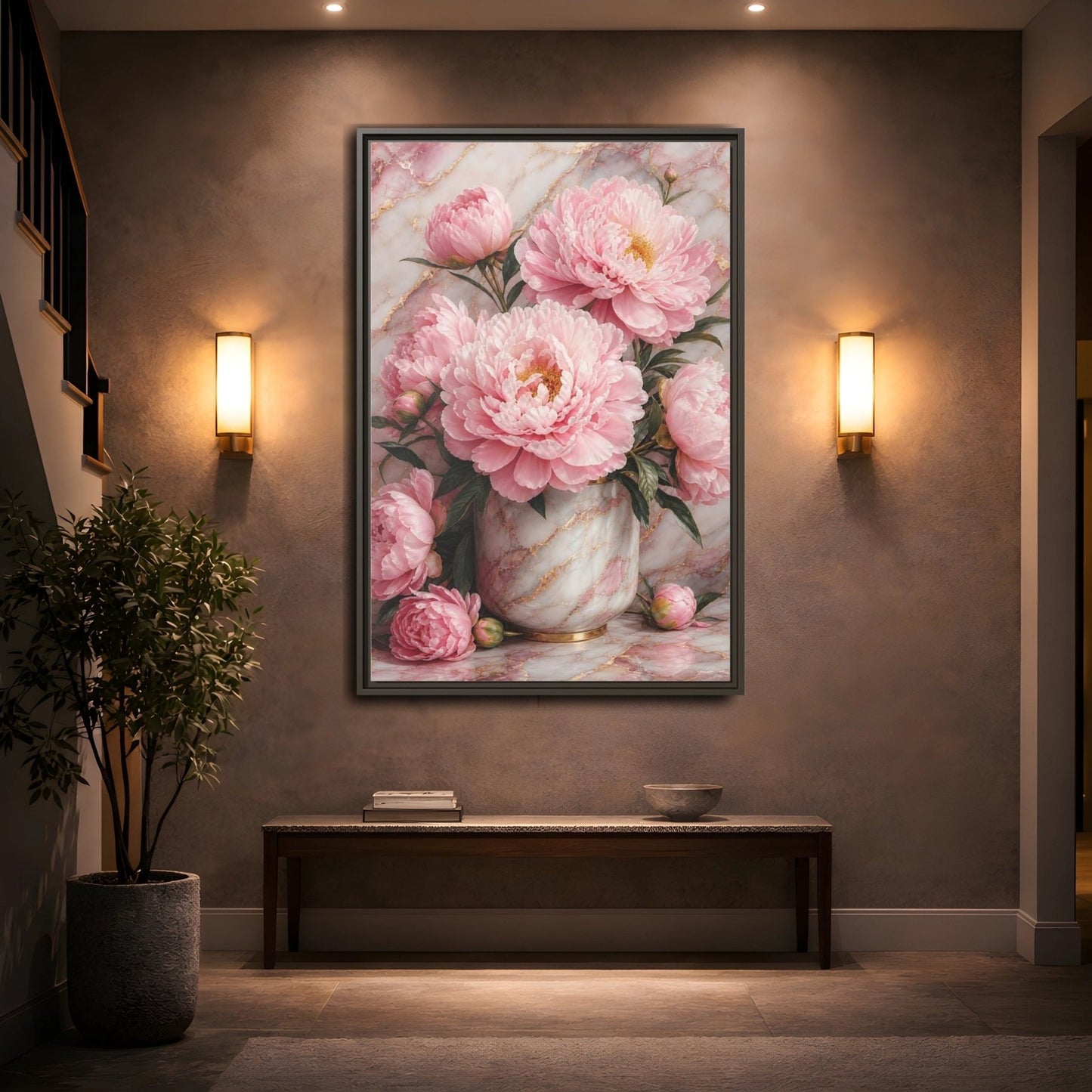 Floral Peonies Pink Gold Framed Canvas Print – Living Room, Above Console Table, and - YesArtYes