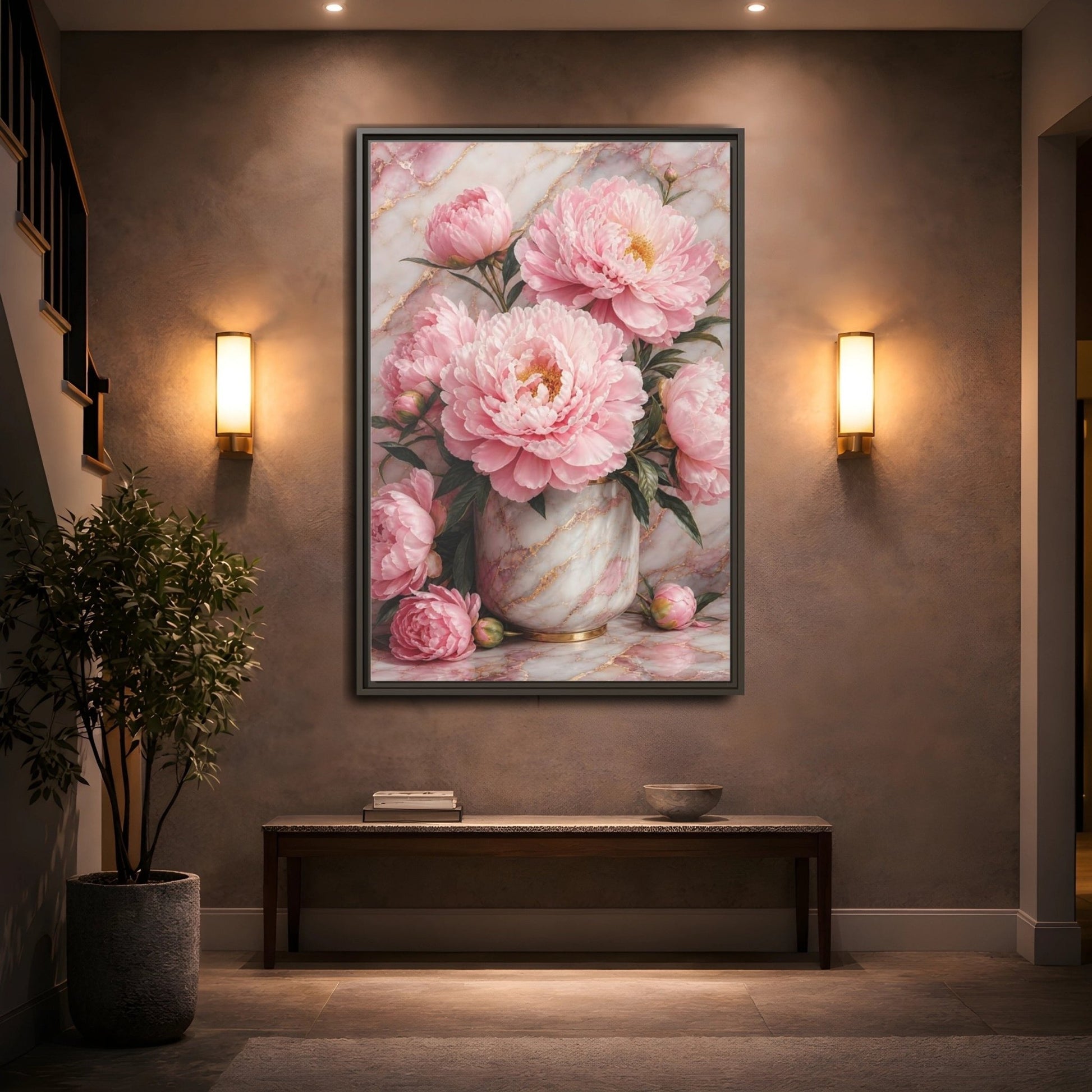 Floral Peonies Pink Gold Framed Canvas Print – Living Room, Above Console Table, and - YesArtYes
