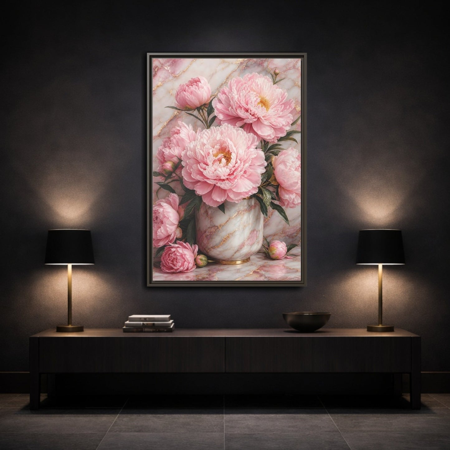 Floral Peonies Pink Gold Framed Canvas Print – Living Room, Above Console Table, and - YesArtYes