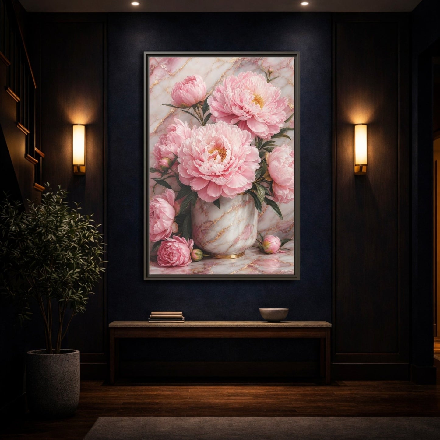 Floral Peonies Pink Gold Framed Canvas Print – Living Room, Above Console Table, and - YesArtYes