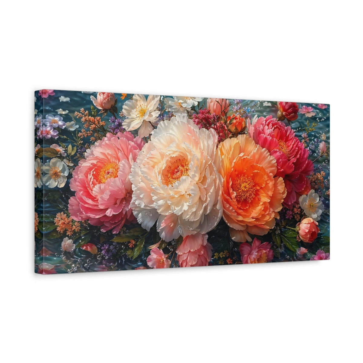 Side Mockup 3. Floral Peonies Pink Orange Peonies shown as stretched canvas wall art