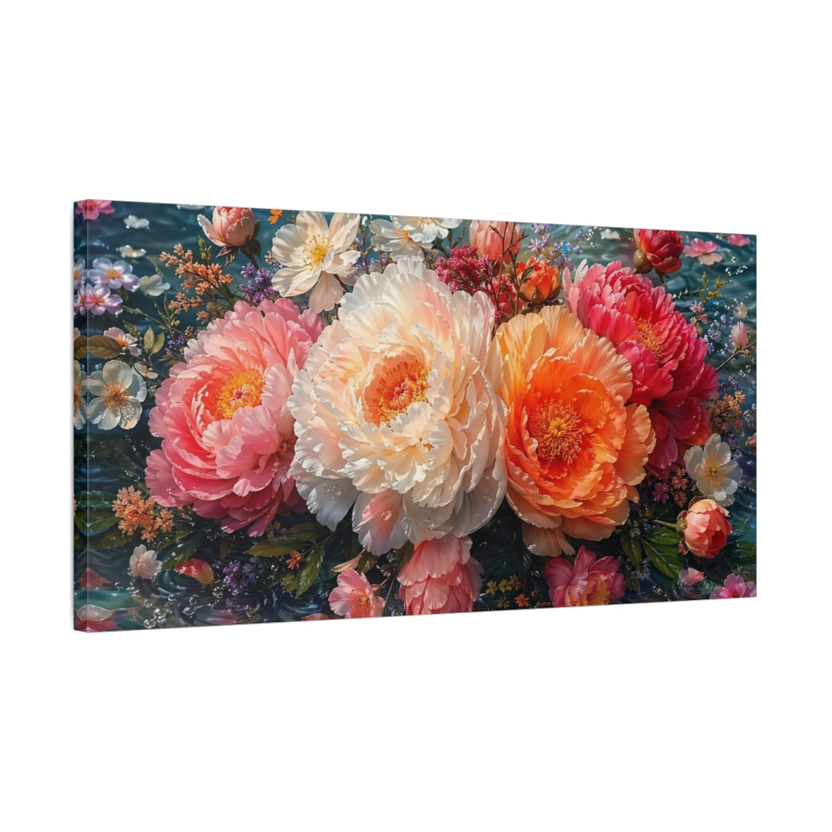 Side Mockup 1. Floral Peonies Pink Orange Peonies shown as stretched canvas wall art
