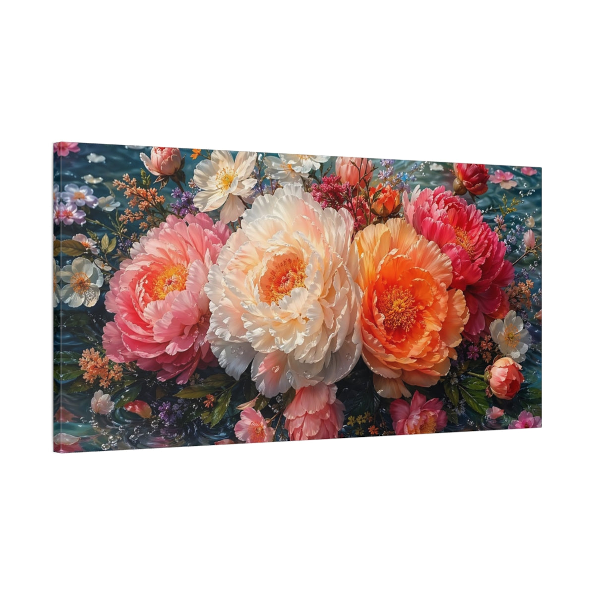 Main Mockup. Floral Peonies Pink Orange Peonies shown as stretched canvas wall art