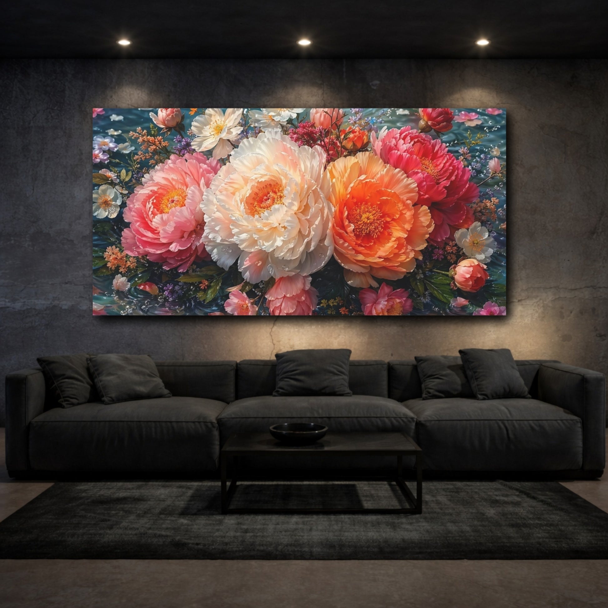 Mockup 2. Floral Peonies Pink Orange Peonies shown as stretched canvas wall art
