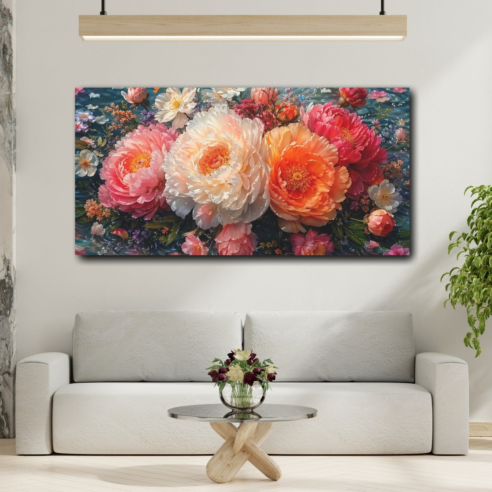 Mockup 3. Floral Peonies Pink Orange Peonies shown as stretched canvas wall art