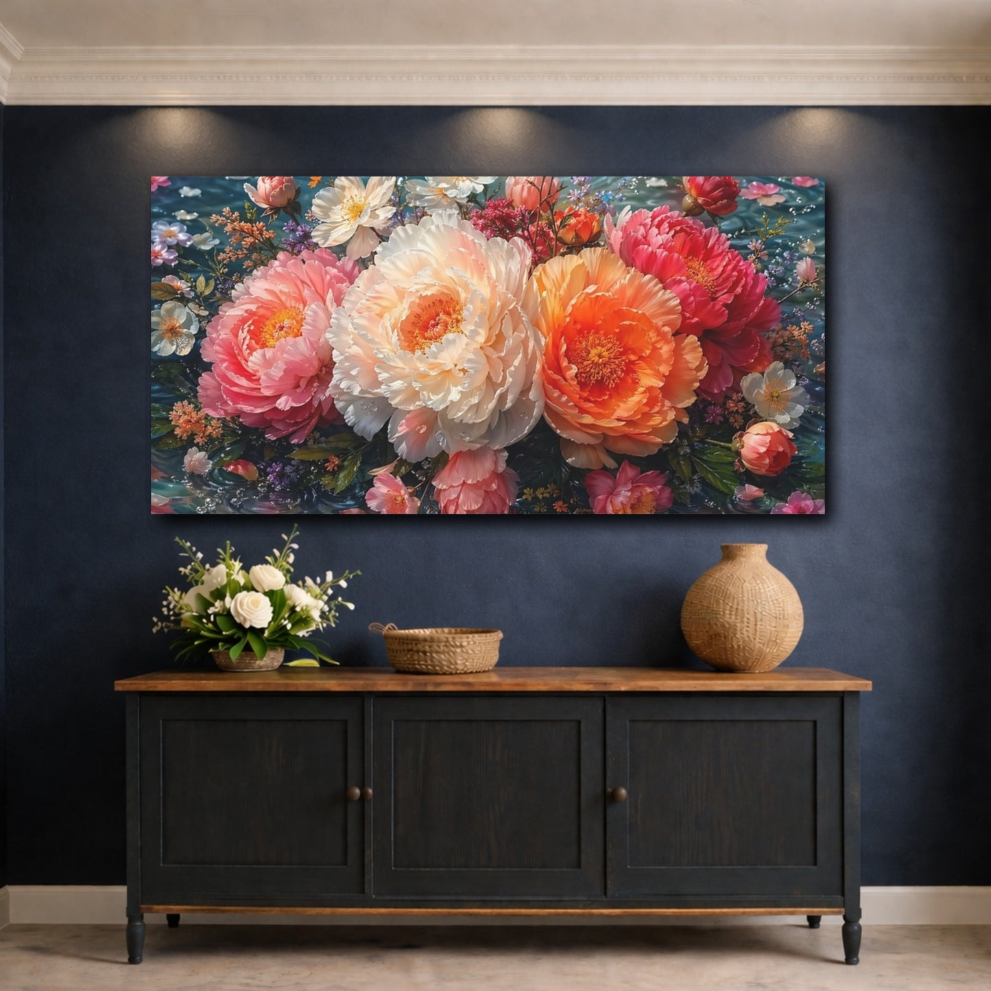 Mockup 4. Floral Peonies Pink Orange Peonies shown as stretched canvas wall art