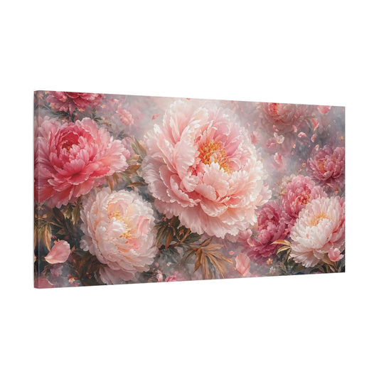 Main Mockup. Floral Peonies Pink Peonies shown as stretched canvas wall art