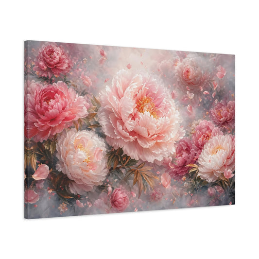 Main Mockup. Floral Peonies Pink Peonies shown as stretched canvas wall art