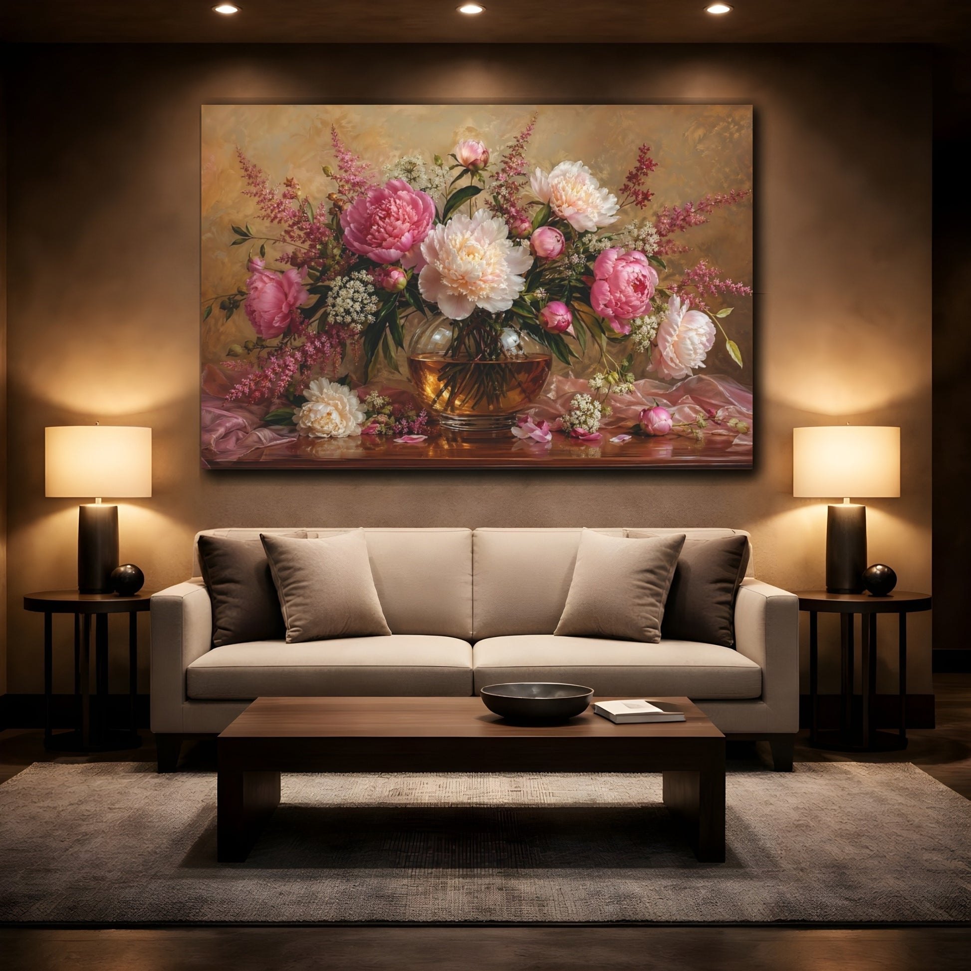 Mockup 2. Floral Peonies Pink Peonies shown as stretched canvas wall art