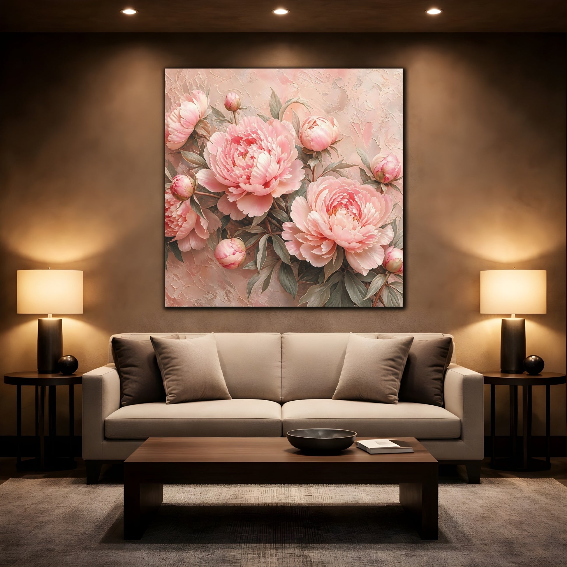 Mockup 2. Floral Peonies Pink Peonies shown as stretched canvas wall art