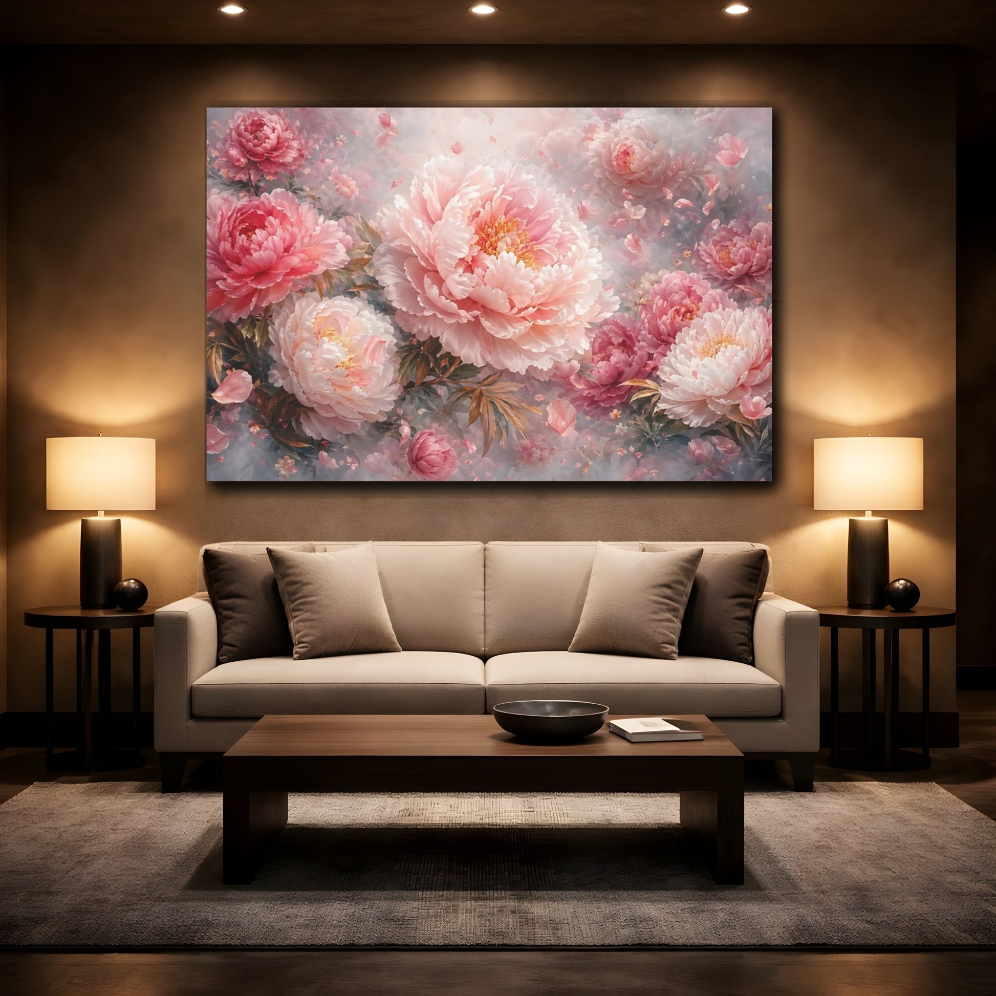 Mockup 2. Floral Peonies Pink Peonies shown as stretched canvas wall art